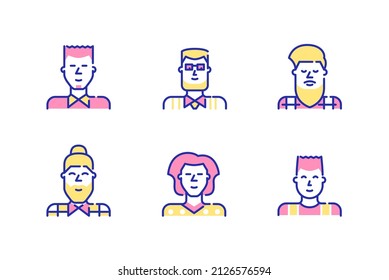 Men profile picture icons set. Young adults, hipsters, teenagers. Pixel perfect, editable stroke fun color icons