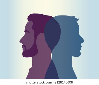 Men profile silhouette. Common features and differences between men. A couple of lovers. A young couple. They look in different directions. family relationships. vector flat illustration