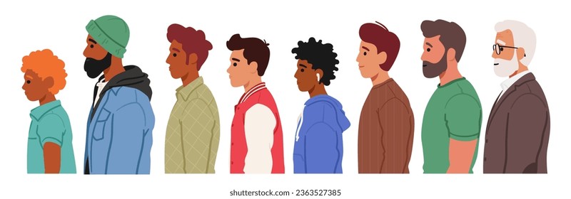 Men In Profile View Exhibit Distinctive Silhouettes, Showcasing Their Unique Physique, Facial Features, And Posture. Young, Adult, Mature, Senior Male Character Row. Cartoon People Vector Illustration