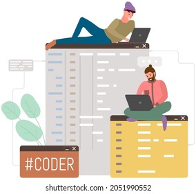 Men programmers with and laptops. Programming or coding, digital technology. Employees working with electronic devices to create websites. Html developer sitting on block diagram with business data