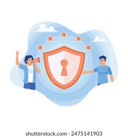 Los hombres protegen los datos personales en Internet. Cerradura en el escudo. Concepto general de privacidad. Ilustración vectorial plana.
