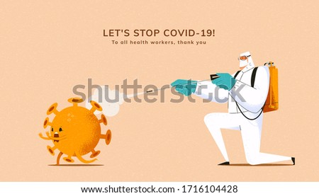 Men in protective suit doing cleaning and disinfecting to banish virus cell, concept of appreciation for medical workers who protect us from COVID-19 infection