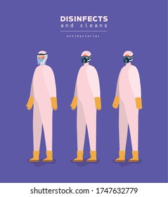 Men with protective suits and gloves design, Disinfects clean antibacterial and hygiene theme Vector illustration
