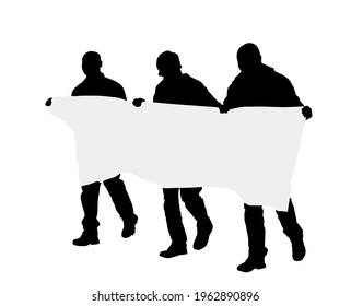 Men protester hold transparent in hand vector silhouette isolated. Hand holding protest sign. People in political agitation propaganda poster. Vote campaign for better laborer rights and salary on job