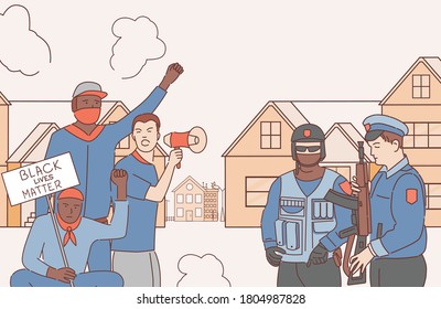 Los hombres que protestan contra el racismo y la discriminación racial en la caricatura de vectores esbozan la ilustración. Oficiales de policía y manifestantes. Las vidas negras importan, iguales derechos para todos.