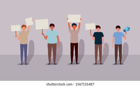 Men protesting design, Human rights peace freedom international help social law and equality theme Vector illustration