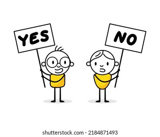 Hombres protestando con diferentes opiniones. Concepto de reclamación. Ilustración de material vectorial.