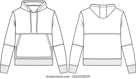 Men pull over hoodie, relaxed fit, long sleeve with rib cuff, big kangaroo pocket, horizontal cuts on body and sleeves, front and back view, vector sketches