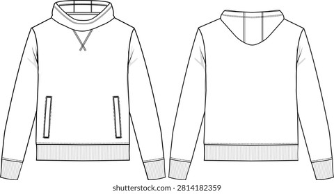 Men pull over hoodie, relaxed fit, long sleeve with rib cuff, welt hand pockets, v stitch flatlock at center front neck, front and back view, vector sketches, active, activewear