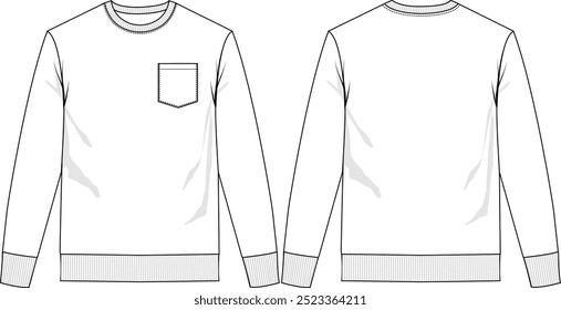 Men Pullover Crewneck, Chest Pocket, rib neckline, long sleeve with rib cuff sleeve and bottom hem, front and back view, vector sketches