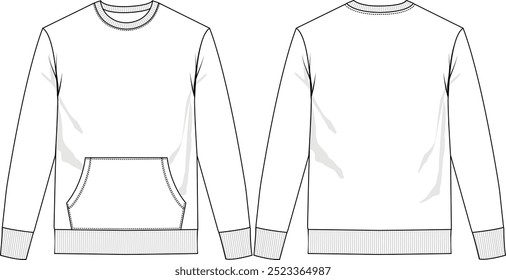 Hombres Pullover Crewneck, bolsillo canguro, cuello de costilla, manga larga con manga de puño de costilla y dobladillo inferior, vista frontal y posterior, bocetos de Vector