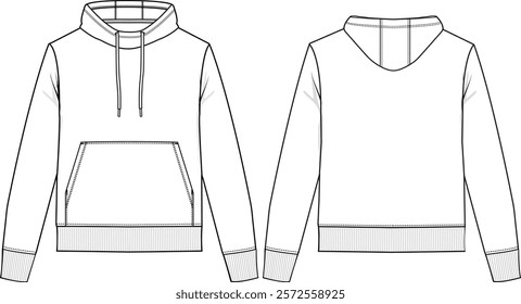 Men pullover hoodie with big kangaroo pocket, drawstring, relaxed fit, long sleeve with rib cuff, front and back view, vector sketches