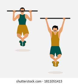 Men pull-up training on horizontal bar. Strong man in sportswear. A Professional sportsman. Flat vector illustration