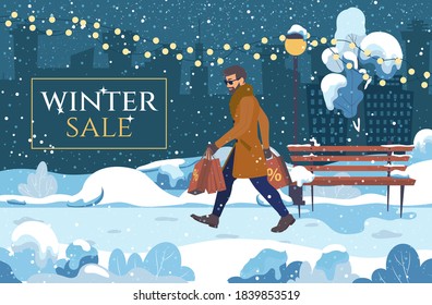 Men with purchases on an evening winter background. Big sale, Black Friday, Christmas and New Year Shopping. Cute vector illustration in cartoon style. 