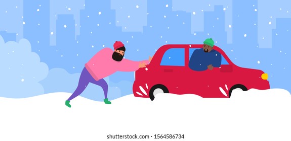 men push a car stuck in snow helping to a driver