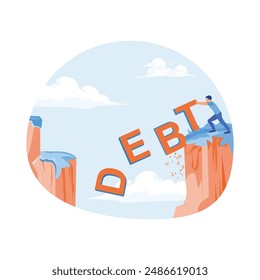 Men push the word debt to the brink. Get rid of debt. Cut debt concept. Flat vector illustration.