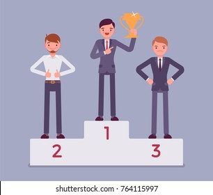 Men put on pedestal of honor. Young businessmen on the place of superiority, chosen at position of great esteem, proud competition winners. Vector flat style cartoon business concept illustration