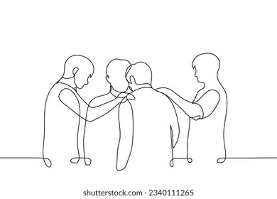 los hombres ponen sus manos sobre el hombro, acariciando, reconfortando a un hombre triste con la cabeza inclinada - un vector de arte de una línea.  concepto a confort, patinaje masculino en amistad, apoyo comunitario, amistad masculina, fraternidad