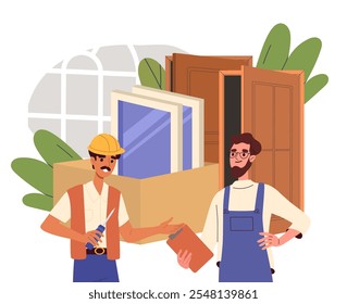 Men put in windows. Handyman in uniform with building equipment. Renovation and repair in apartment. Windows frames in home. Flat vector illustration isolated on white background