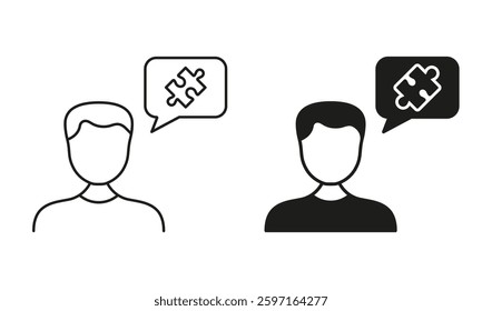 Men and Puzzle Piece in Speech Bubble Line and Silhouette Icon Set. Male Thinks about Business Cooperation. Editable Stroke. Isolated Vector Illustration.