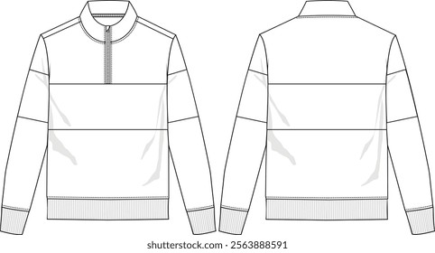 Men quarter zip jacket long sleeve with rib cuff, bottom band rib, front body insert and sleeve insert, funnel neck, front and back view, vector sketches