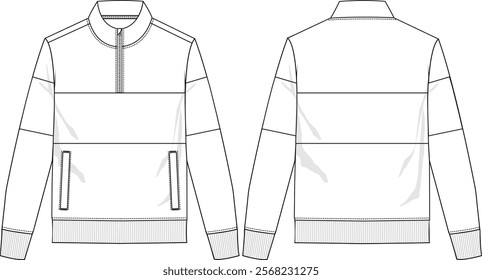 Men quarter zip jacket long sleeve with welt pockets and rib cuff, bottom band rib, front body insert and sleeve insert, funnel neck, front and back view, vector sketches