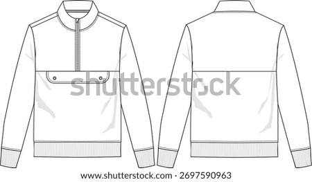 Men quarter zip jacket long sleeve with rib cuff, bottom band rib, body middle insert, funnel neck, front and back view, vector sketches, front patch pockets with snaps