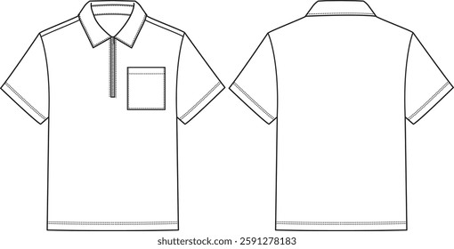 Men quarter zip  Shirt with Short Sleeves, chest patch pocket, fold down collar, sketch front and back, vectors