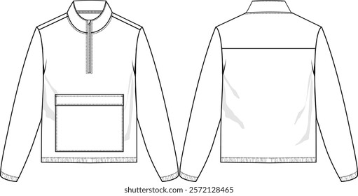 Men quarter-zip pullover anorak with long sleeves with elasticized cuff and bottom hem, mock neck, square kangaroo pocket, front and back view, vector sketches