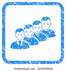 Men Queue rubber seal stamp watermark. Icon vector symbol with grunge design and dust texture inside rounded square frame. Scratched blue stamp imitation on a white background.