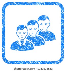 Men Queue rubber seal stamp imitation. Icon vector symbol with grunge design and corrosion texture in rounded rectangle. Scratched blue stamp imitation on a white background.