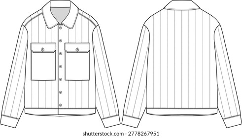 Men quilted channels jacket with vertical stitching, shirt collar with front button closure, two large chest pockets, long sleeve with cuff, sketch front and back, vectors, illustration, basics, outerwear, outdoor
