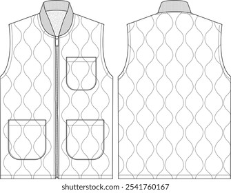 Men quilted nylon Vest, sherpa lined, patch pockets, Ribbed knit collar, sketch front and back