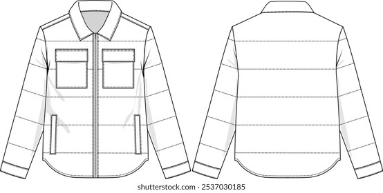 Men quilted workwear jacket, padded overshirt,  with collar, rounded hem, patch pockets on chest, zipper opening at center front, side entry welt pockets, cuff at sleeve, sketch front and back