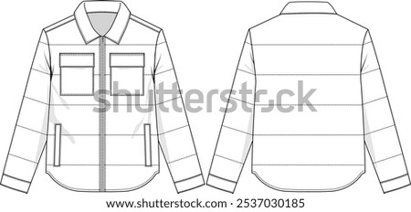 Men quilted workwear jacket, padded overshirt,  with collar, rounded hem, patch pockets on chest, zipper opening at center front, side entry welt pockets, cuff at sleeve, sketch front and back