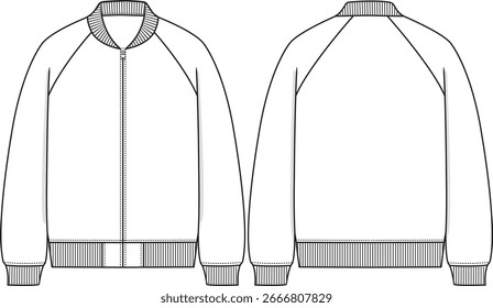 Homens jaqueta de bombardeiro raglan com fecho de zíper frontal central, faixa de gola de pescoço costela, manguito com nervuras e bainha de corpo com nervuras, manga longa raglan, sem bolsos, esboço frente e atrás, ilustração, vetor, outerwear