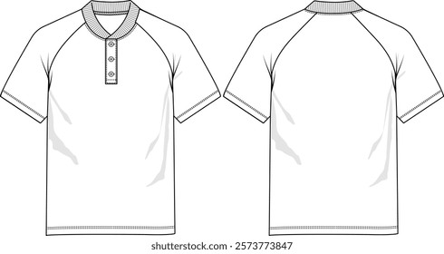 Men raglan henley shirt with stand-up rib collar, button closure placket, short sleeve, regular hem, sketch front and back, vectors