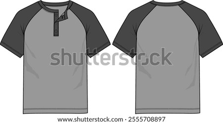 Men Raglan henley top contrast crew neck band, contrast short sleeve, contrast buttoned placket, light and dark grey coloration