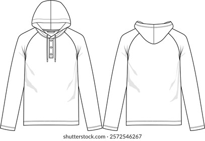 Men Raglan performance hoodie with henley placket with buttons, long sleeve, regular straight hem, front and back view, vector sketches