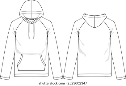 Hombres Raglan sudadera con capucha de rendimiento con bolsillo canguro, manga larga, dobladillo recto regular, vista frontal y trasera, bocetos de Vector