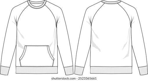 Men Raglan Pullover Crewneck, Kanga Pocket, rib neckline, long sleeve with rib cuff sleeve and bottom hem, front and back view, vector sketches