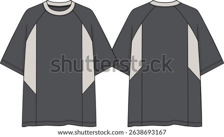 Men Raglan short sleeves crew neck oversized color block t-shirt, side body insert, slanted cut, sketch front and back, vectors, grey body coloration, off white side inserts and off white neck band
