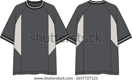 Men Raglan short sleeves crew neck oversized color block grey t-shirt, side body insert, slanted cut, sketch front and back, off white side inserts, black and white yarn dye rib at neck and cuff