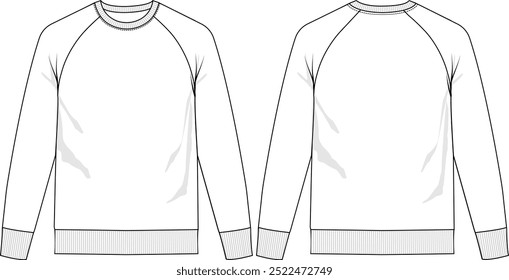 Men Raglan top crew neck, rib neckline, long sleeve with rib cuff sleeve and bottom hem, front and back view, vector sketches