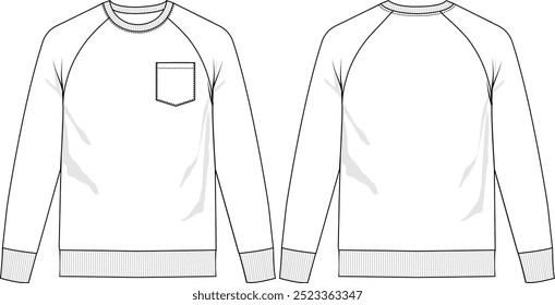 Men Raglan top crew neck Pullover, Chest Pocket, rib neckline, long sleeve with rib cuff sleeve and bottom hem, front and back view, vector sketches