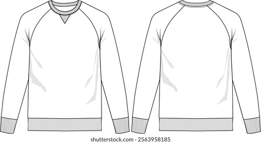 Men Raglan top crew neck Pullover, rib neck band with rib V insert, long sleeve with rib cuff and bottom rib band, front and back view, vector sketches