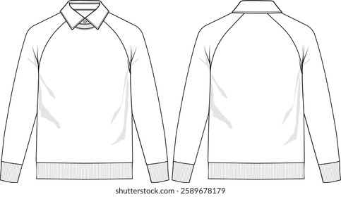 Men Raglan top crew neck long sleeve with mock undershirt collar, rib neckline, rib cuff sleeve and rib bottom hem, front and back view, vector sketches