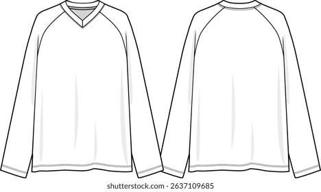 Men Raglan v-neck Oversized long sleeves top, sketch front and back, vectors, basics clothing