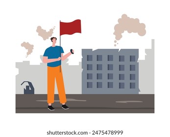 Men raise a red flag in the middle of a conflict area, a destroyed city. Character design. Vector flat illustration