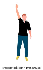 Men with a raised hand. Sports fan, football, voting, auction. Black T-shirt, jeans, yellow boots. Silhouette of a man. Vector illustration isolated on white background.